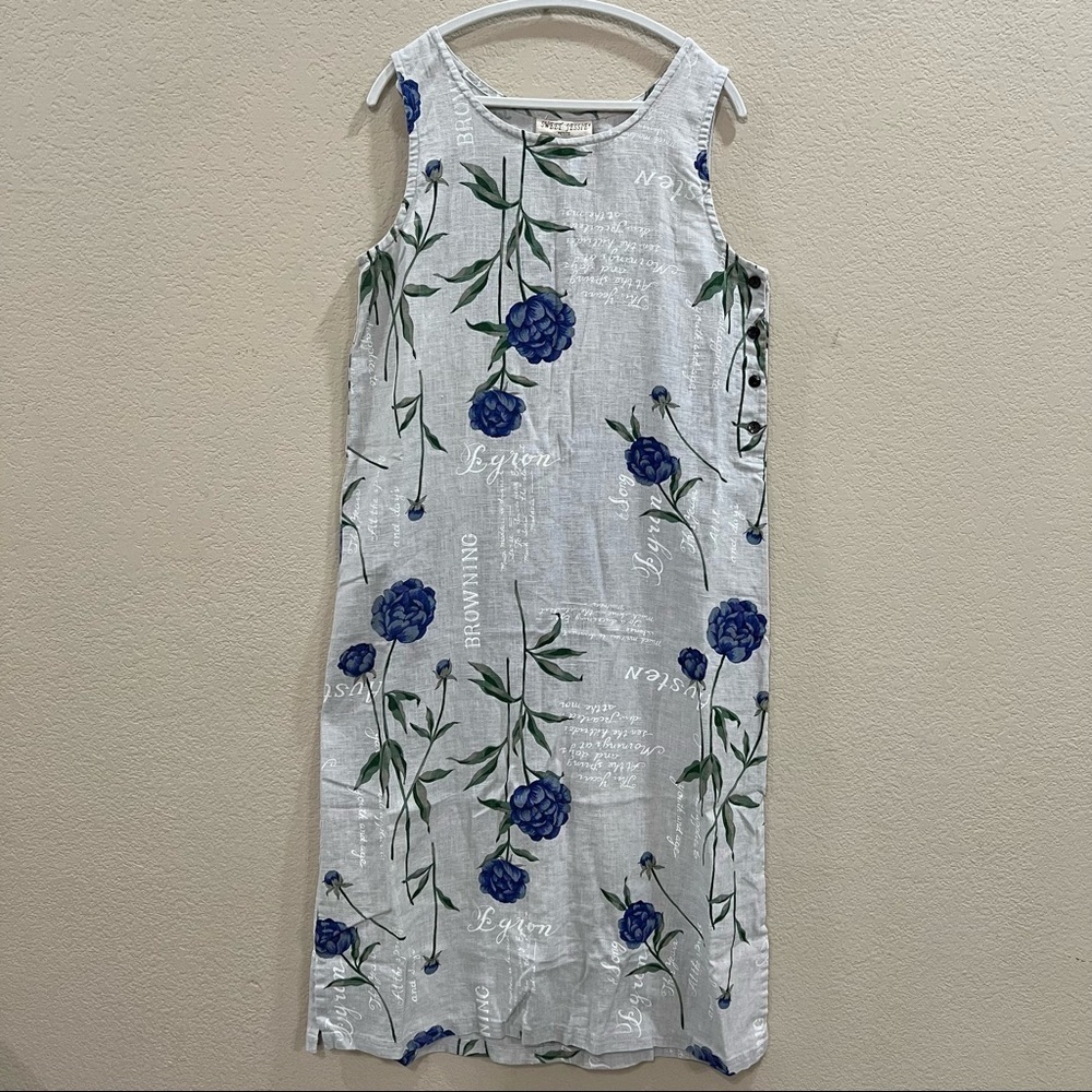 Sweet Jessie Petite 100% Linen Dress Floral Side Buttons Back Pocket Sz LP Boho